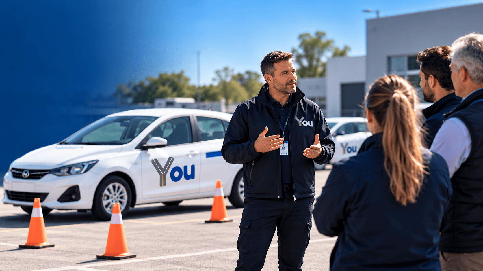 Instructor de Academia You brindando una capacitación de conducción segura a un equipo de trabajo